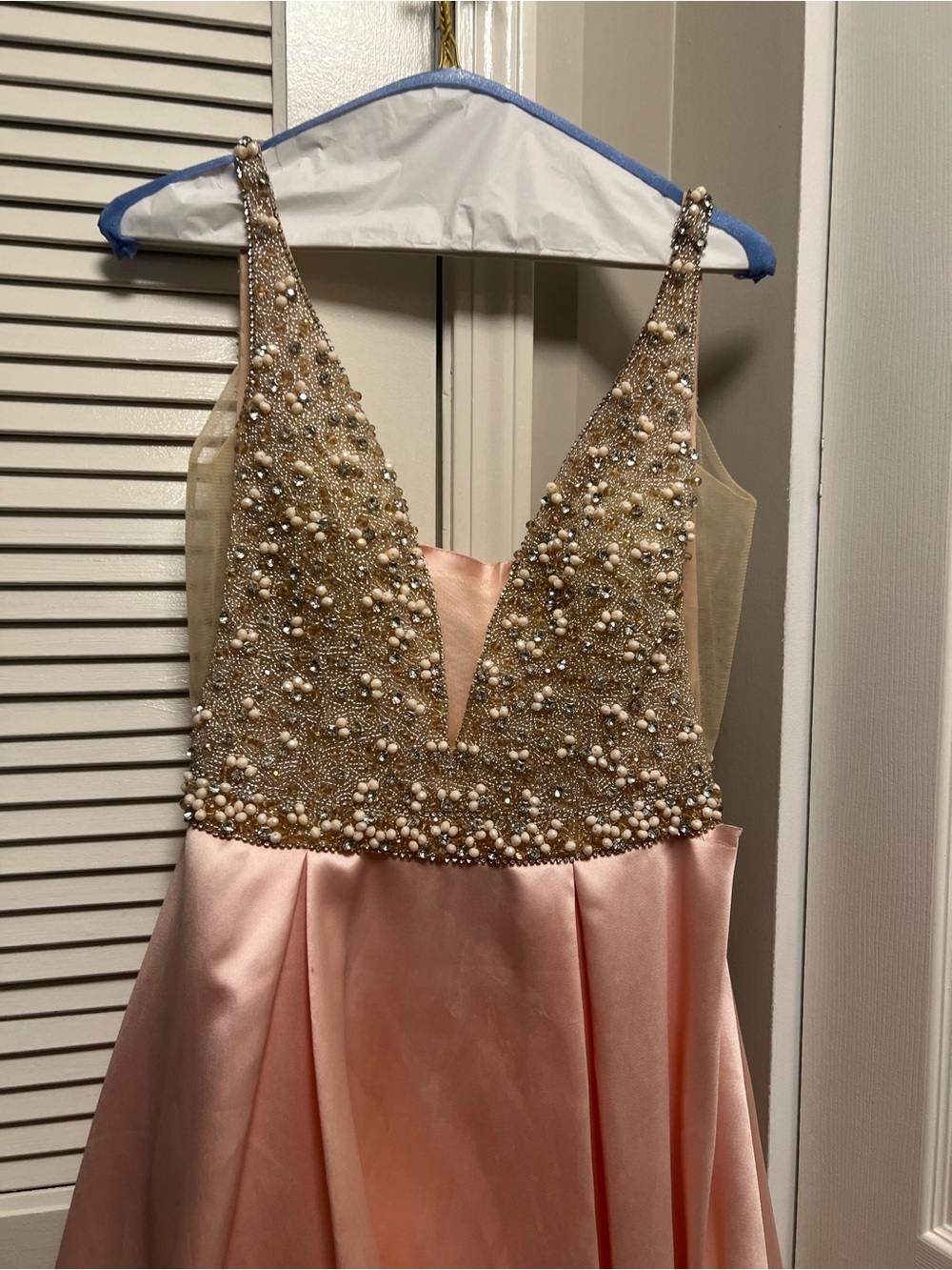 Terani Couture Blush Pink Satin Prom Gown with Gold Beaded Bodice